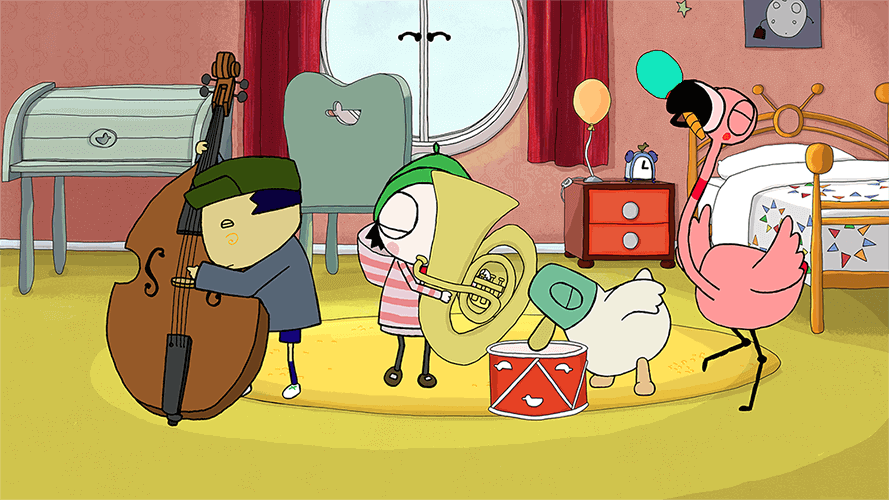 Four cartoon characters jam in a bedroom: one with a double bass, one with a tuba, one with a drum, and a flamingo shaking maracas—just the kind of quirky fun that helped Sarah & Duck Gets a BAFTA Nomination!.