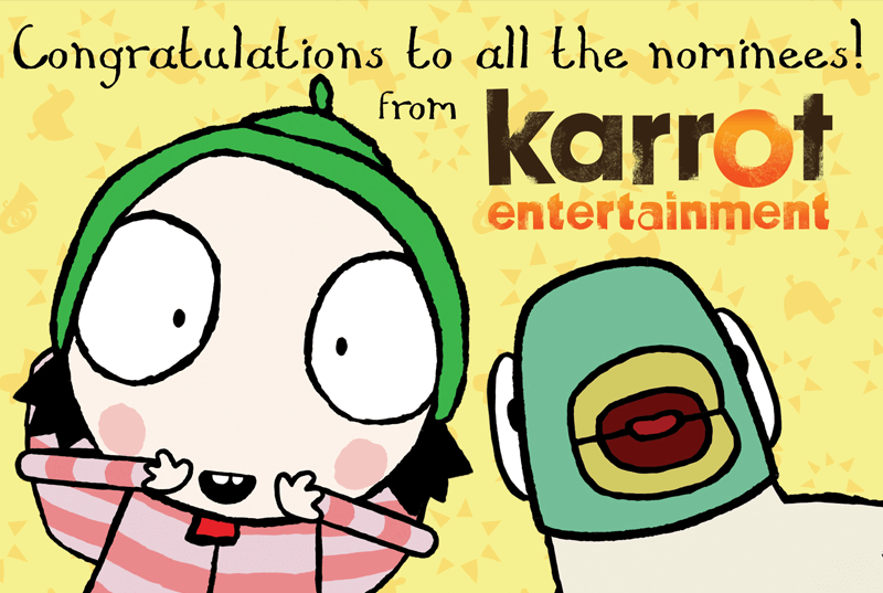Cartoon characters stand in front of text reading Congratulations to all the nominees! from karrot entertainment, celebrating Sarah & Duck Nominated for a BAFTA, on a yellow background with stars.