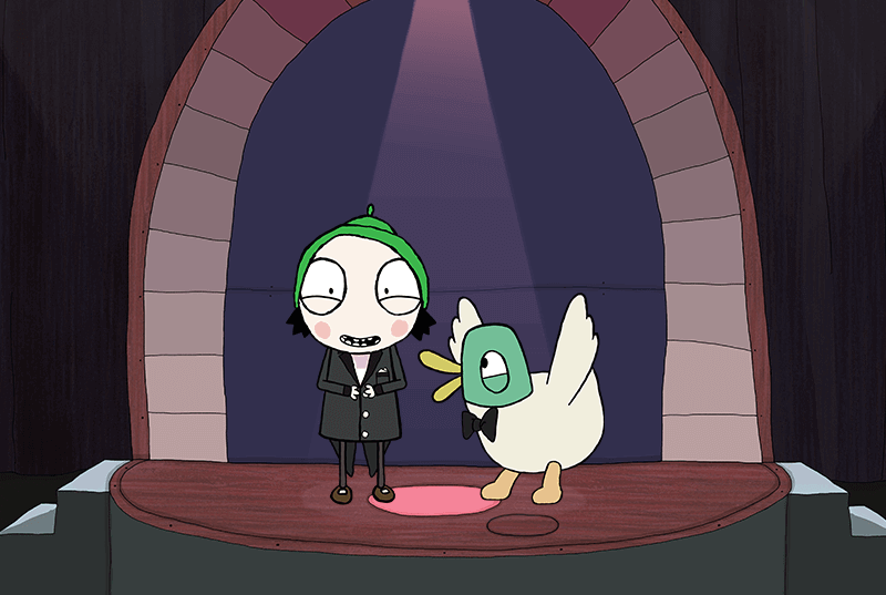Cartoon character in a green hat stands on stage next to a duck with a bow tie under a pink spotlight, inspired by Sarah & Ducks 2017 Childrens BAFTA Nomination.