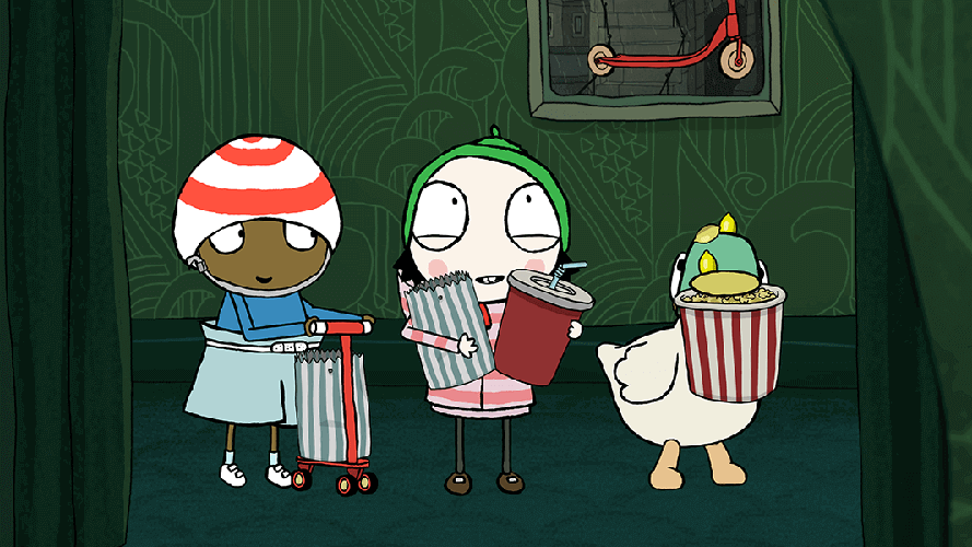 Three animated characters stand together holding snacks and drinks—one riding a scooter, one with soda and popcorn, and a duck clutching a large popcorn bucket—capturing the playful spirit of a BAFTA-nominated scene.