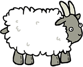 A cartoon drawing of a fluffy white goat with gray face, legs, and two horns, looking to the right.
