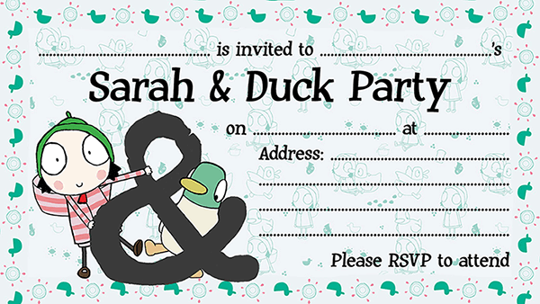 A Sarah & Duck themed party invitation perfect for your party planning, featuring blank spaces for event details, adorable cartoon characters, and an RSVP notice on a charming patterned background.