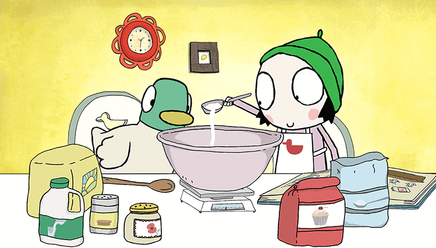 Animated girl in a green hat and a duck prepare ingredients at a kitchen table, celebrating 250,000 YouTube subscribers as they measure flour into a mixing bowl, with baking supplies and an open recipe book nearby.