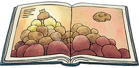 Illustration of an open book showing a pile of potatoes.