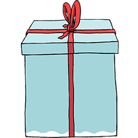 A light blue gift box with a red ribbon and bow tied on top, perfect for surprising someone while singing the Birthday Song.