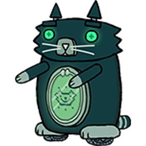 Cartoon-style Autocat robotic cat with glowing green eyes and a screen on its belly displaying a digital smiley face, ready for new adventures in Autocat Returns.