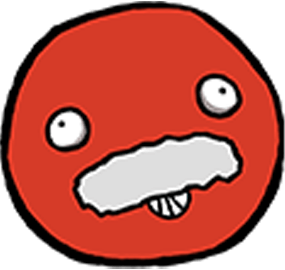 A red, round cartoon face with wide eyes, a large mustache and grinning mouth, a toy version of Mars.