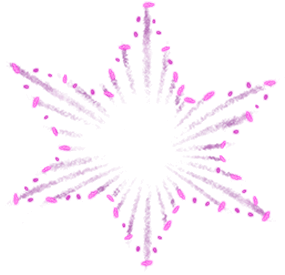 A digital illustration of a six-pointed starburst with purple rays and dots radiating from the center, resembling firework.