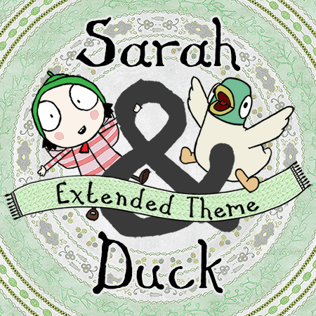 A cartoon girl and a duck stand on a large ampersand with the text Sarah & Duck Extended Theme, celebrating their First Music Single Release on a decorative green patterned background.