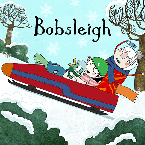 Animated characters ride a red bobsleigh down a snowy hill with snowflakes, trees, and the word Bobsleigh above them, celebrating the Festive Single Released.